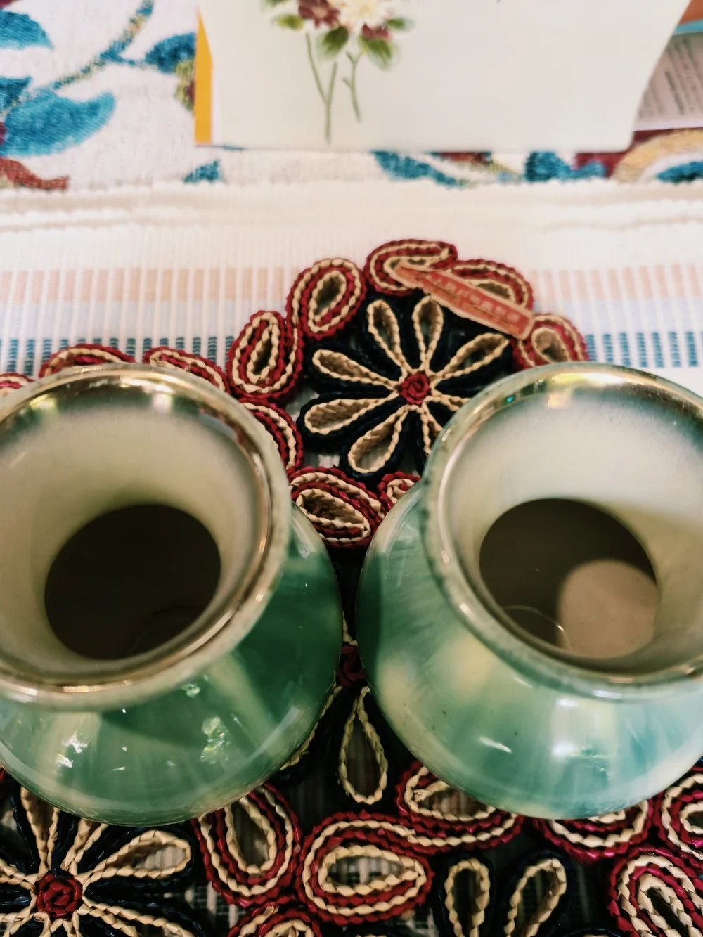 Vintage,Green and Cream Ceramic Decorative Vases - Pair